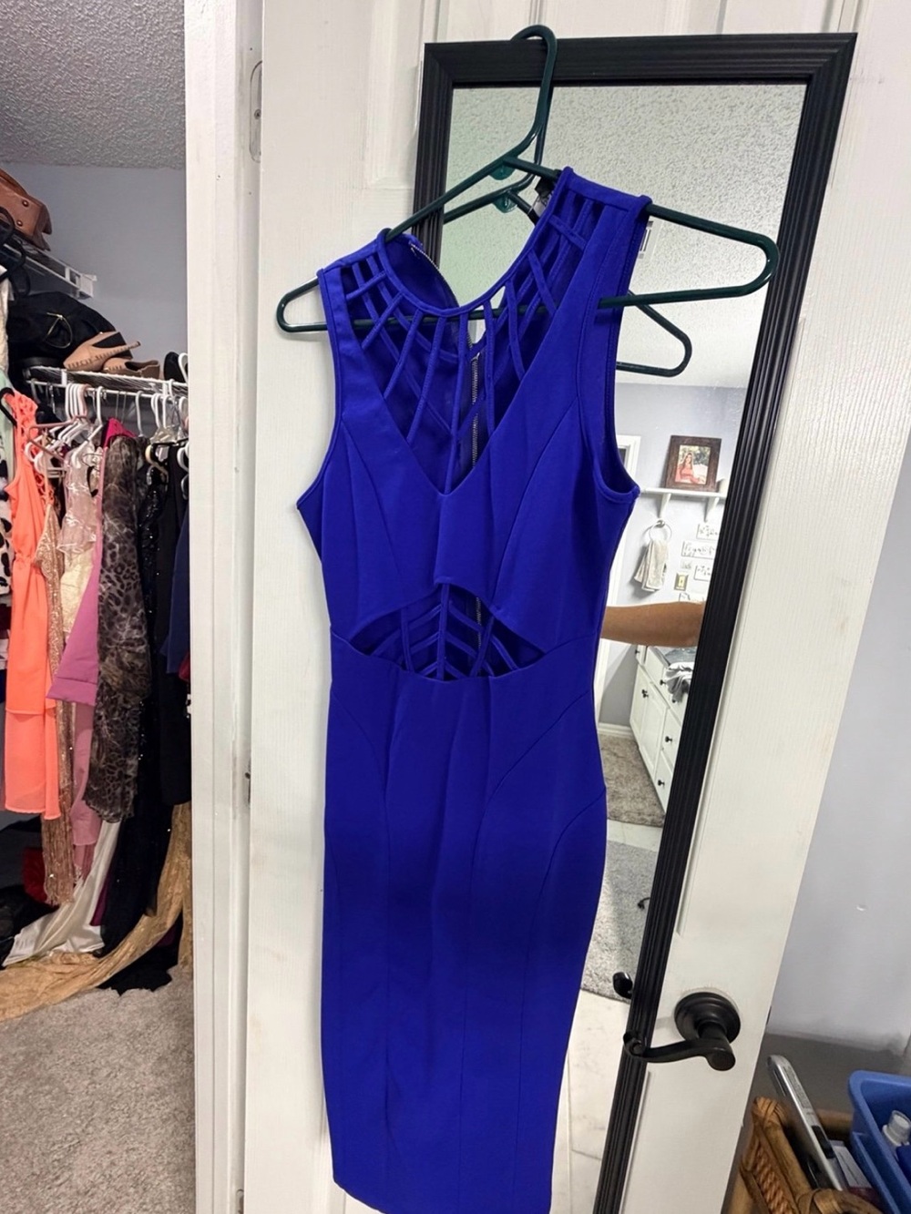 Royal Blue Sleeveless Midi Bodycon Dress with Lattice Cutouts